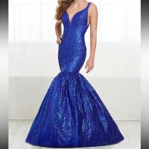 Tiffany Designs Blue Sequin Embellished Prom Gown